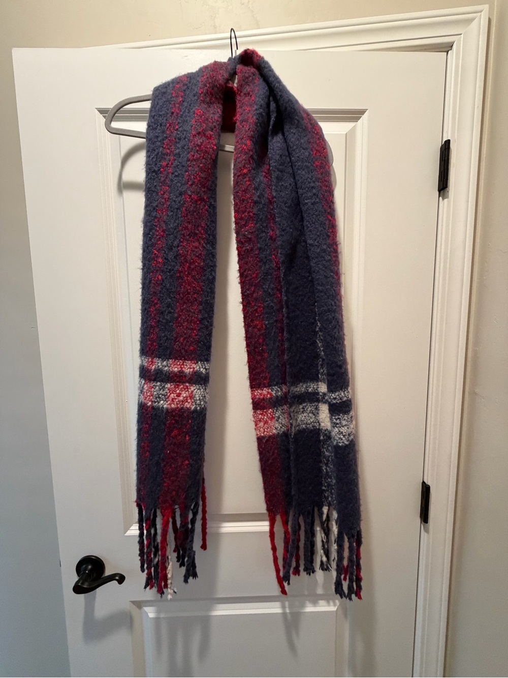 Cozy Navy and Burgundy Plaid Fringe Scarf